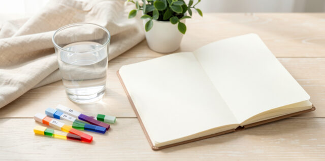 Verre d’eau transparente posé sur une table claire, accompagné de bandelettes de pH colorées et d’un carnet de suivi vierge dans une ambiance douce et lumineuse.