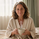 Femme d'une cinquantaine d'années tenant une tasse chaude dans une chambre lumineuse à l'ambiance douce et apaisante.