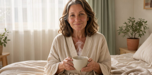 Femme d'une cinquantaine d'années tenant une tasse chaude dans une chambre lumineuse à l'ambiance douce et apaisante.
